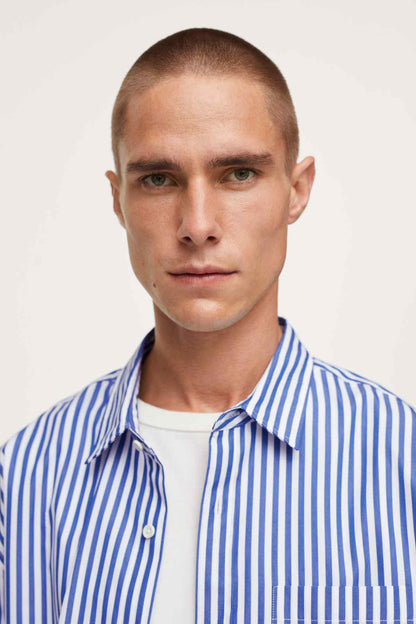 MANGO blue-and-white striped button-up shirt, collar and button detail