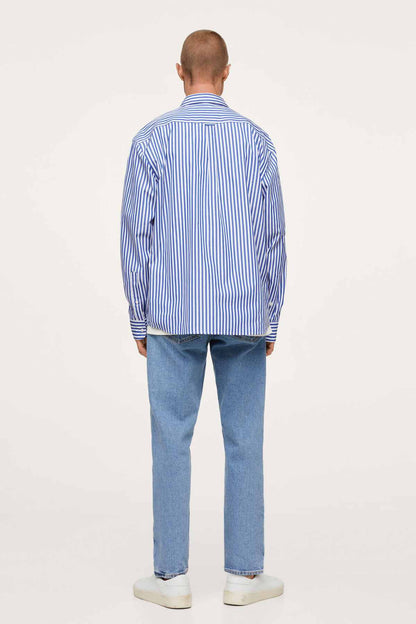 MANGO blue-and-white striped button-up shirt, back view