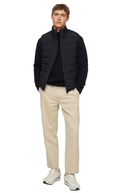 Dark navy quilted puffer jacket with full-zip stand collar