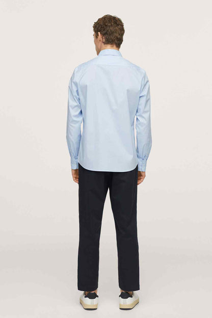 Men's sky blue button-up shirt, back view, long sleeves and pointed collar