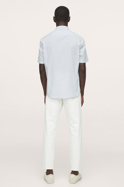 Men's light blue short-sleeve button-up shirt, back view