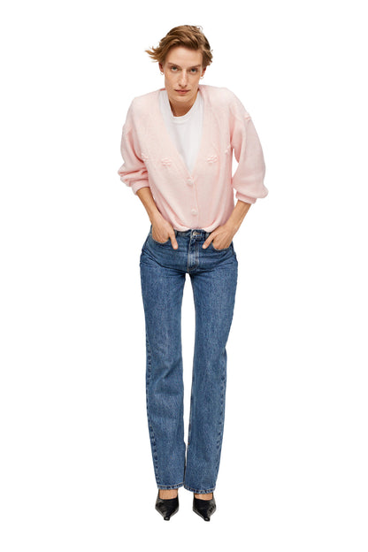 Pastel pink knit cardigan with button front and ribbed cuffs
