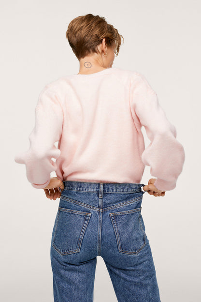 Pastel pink knit cardigan, button-back design with ribbed cuffs