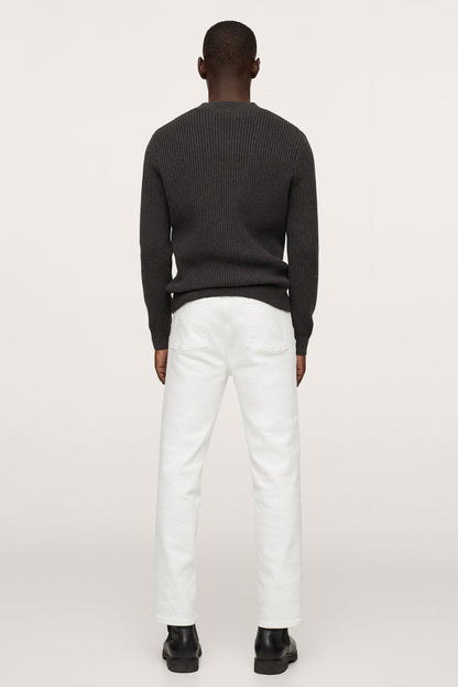 Charcoal ribbed crewneck sweater from back view, long sleeves