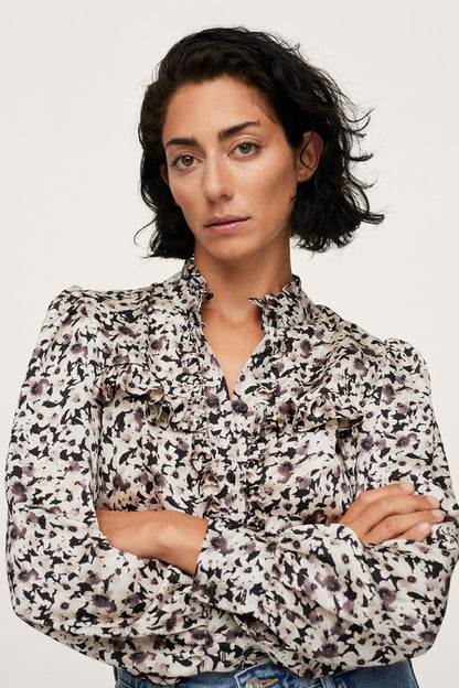 MANGO ecru floral printed blouse with long sleeves and buttoned neckline