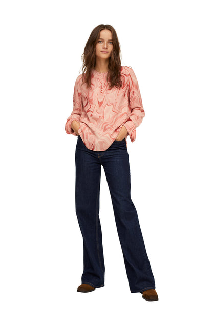 MANGO pastel pink patterned blouse, long sleeves, round neckline, loose fit