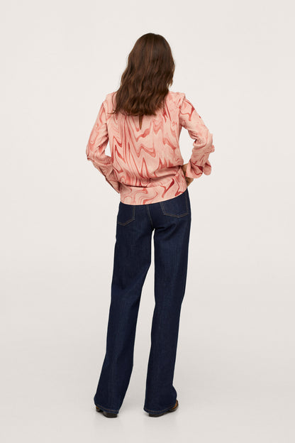 MANGO pastel pink patterned blouse, back view, long sleeves, round neckline
