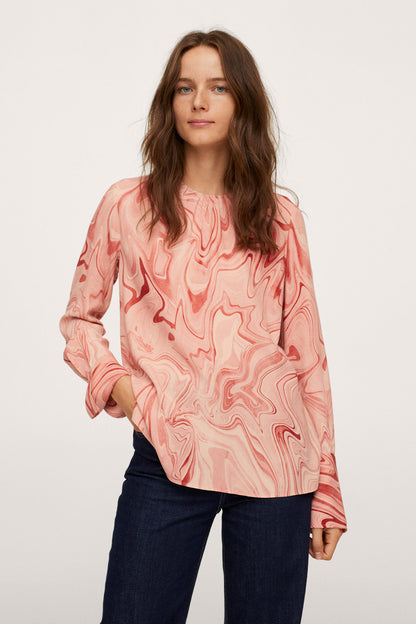 MANGO pastel pink marbled blouse, long sleeves, round neck, cuff details