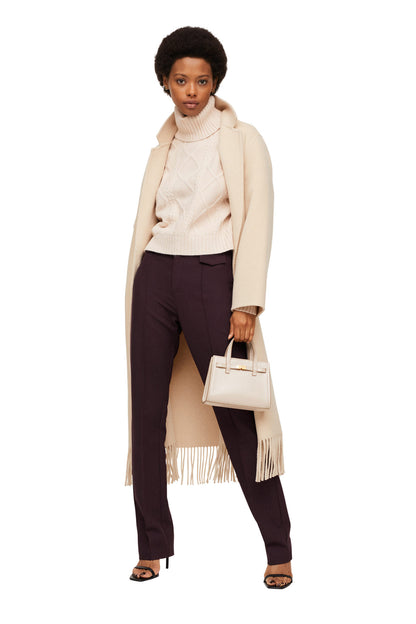 Dark maroon tailored trousers, straight leg with ankle length and back yoke seams
