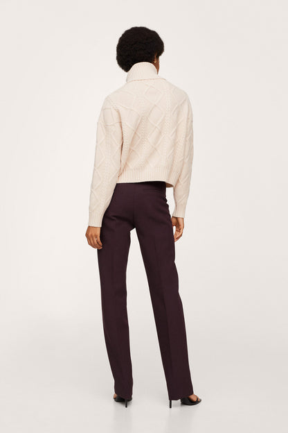 Dark maroon tailored trousers, straight fit with back darts and ankle-length hem