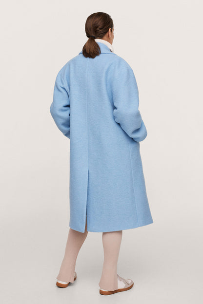 Sky blue long coat with stand collar and button front, back view