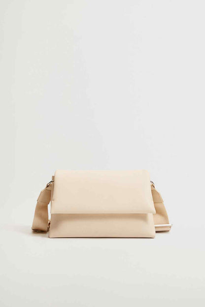 Off-white structured shoulder bag with flap, gold-tone hardware, and adjustable strap