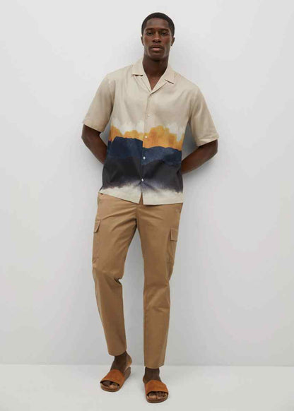 MANGO sand short-sleeve shirt with orange/blue abstract landscape print
