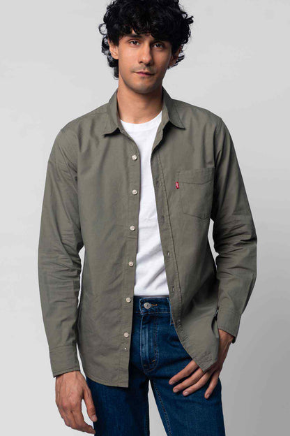 Levi's olive green button-up shirt, front with chest pocket and buttons