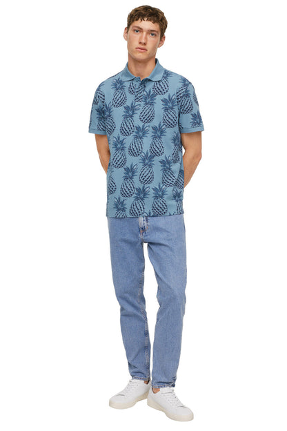 Blue patterned short-sleeve button-up shirt with collar and pineapple print