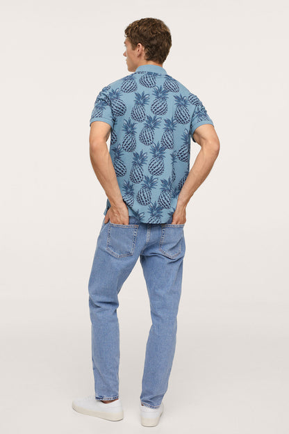 Blue patterned short-sleeve button-up shirt with collar, back view