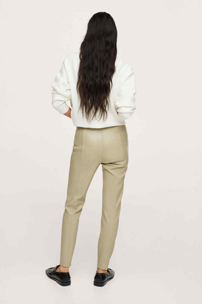 Back view of light olive straight-leg trousers with belt loops