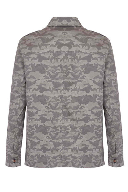 Camouflage button-up jacket, back view with stand collar