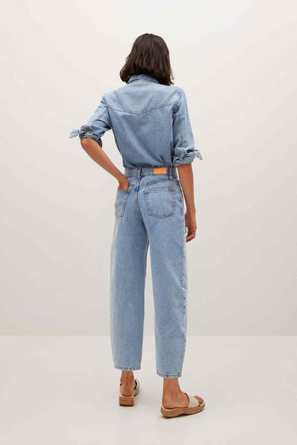 Light blue denim high-waist jeans, back view, button fly