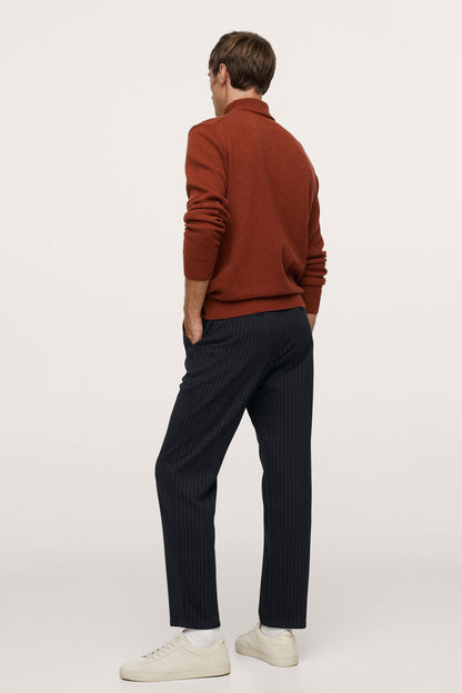 Dark navy pinstripe trousers, back view, tapered legs and drawstring waist