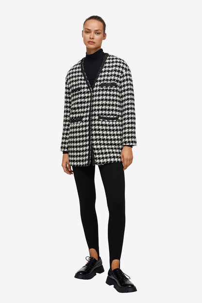 MANGO houndstooth jacket in black-and-ecru with open front and side pockets
