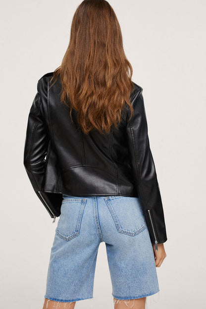 Black leather biker jacket, back view with zipper and seam detailing
