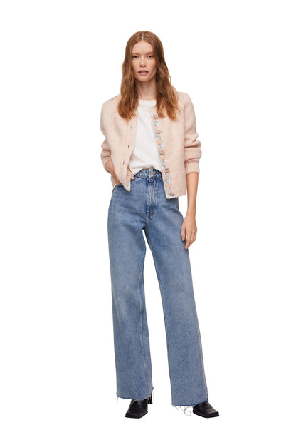 Pastel pink button-front cardigan with ribbed cuffs and hem, long sleeves