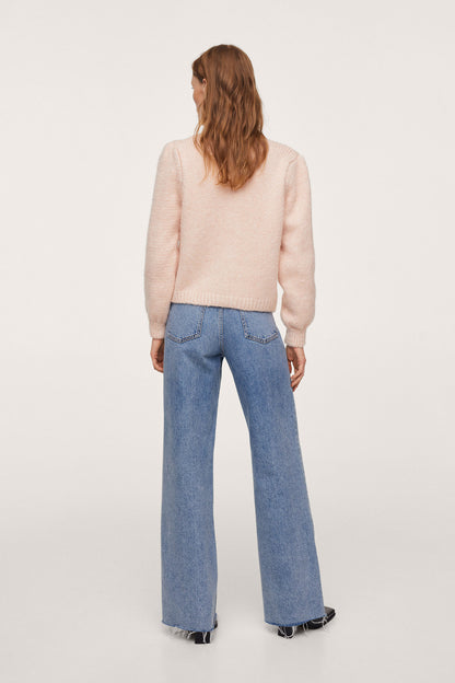 Pastel pink knit cardigan back view with crew neck and long puff sleeves