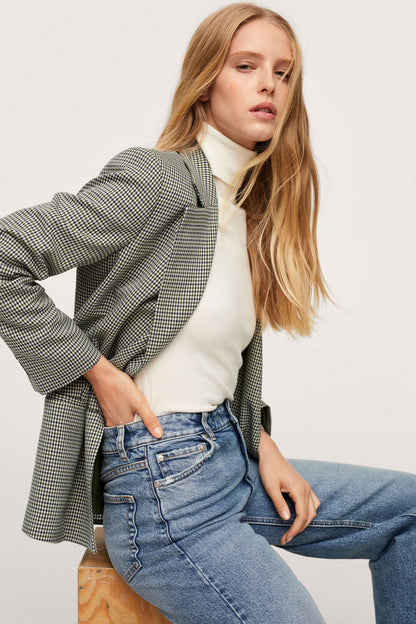 Green check blazer with notch lapels and front button closure, side view