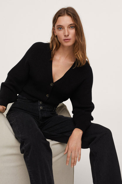 Black denim jeans, relaxed wide leg with front button and waistband