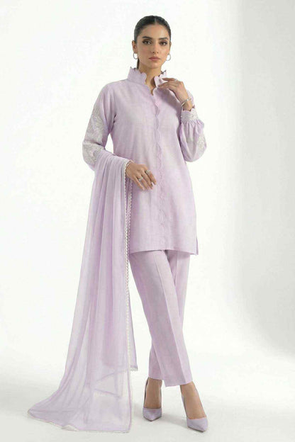 Lilac kurta with stand collar and lace accents, straight pants, and long sheer dupatta