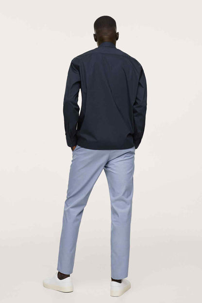 Navy long-sleeve button-up shirt, back view