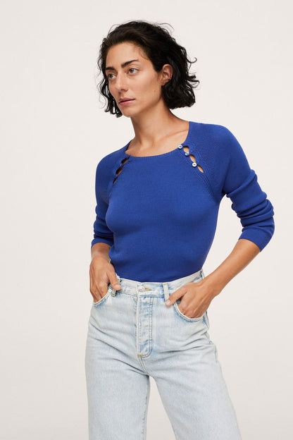 Blue knit sweater with round neckline and buttoned shoulder accents