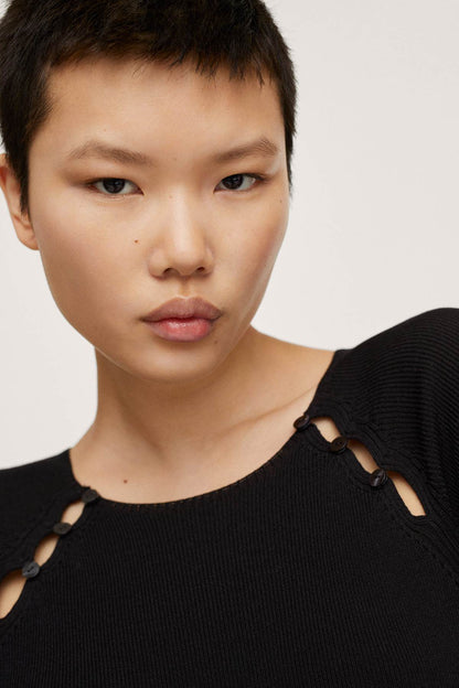 MANGO black long-sleeve top with shoulder cutouts and round neckline