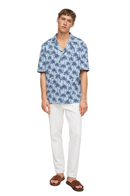 Men’s sky blue palm-print short-sleeve button-up shirt with spread collar