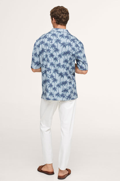 Men’s sky blue palm-print short-sleeve button-up shirt, back view