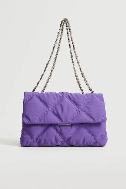 Purple quilted shoulder bag with chain strap and flap closure