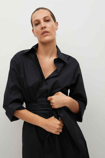 MANGO black shirt dress with button collar and tied waist belt, three-quarter sleeves