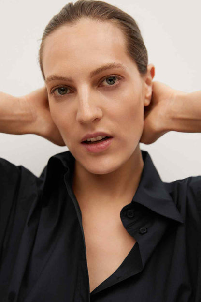 MANGO black shirt dress close-up of buttoned collar and chest placket