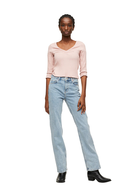 Pastel pink V-neck blouse with three-quarter sleeves and smocked cuffs