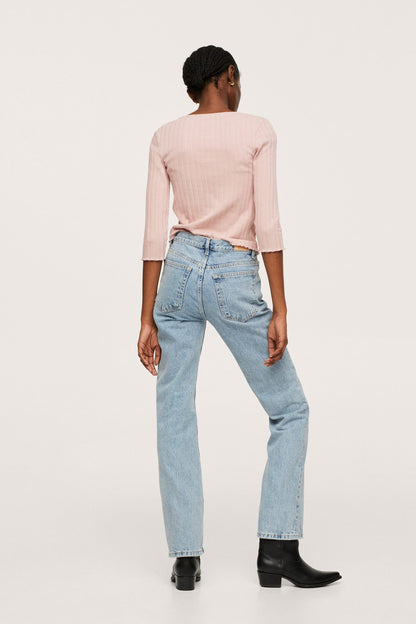 Pastel pink V-neck blouse with ribbed texture, back view and three-quarter sleeves