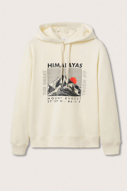 MANGO ecru hooded sweatshirt with Everest graphic and drawstring