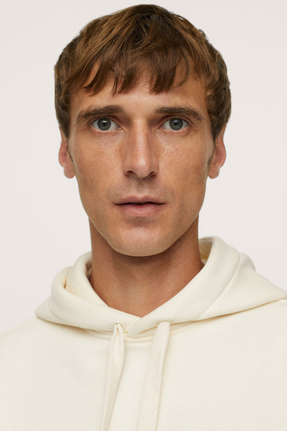 MANGO ecru hoodie with drawstring, close-up of hood and neckline