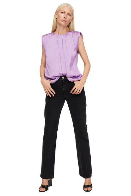 Lilac sleeveless blouse with gathered crew neckline and draped front