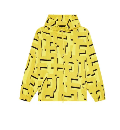 Yellow hooded zip-up jacket with black abstract graphic pattern, long sleeves