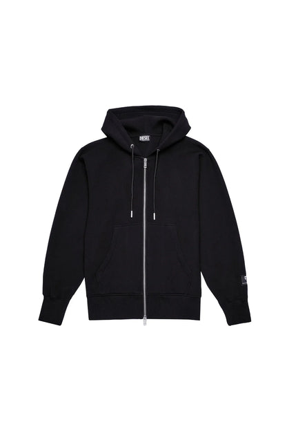 Black zip-up hoodie with drawstring hood and silver front zipper