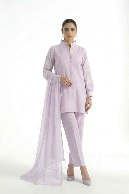 Lilac kurta with lace-trim button placket, straight pants, and sheer draped dupatta