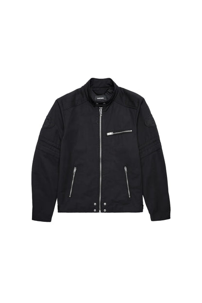 Diesel black jacket with stand collar, center zip, and side zip pockets