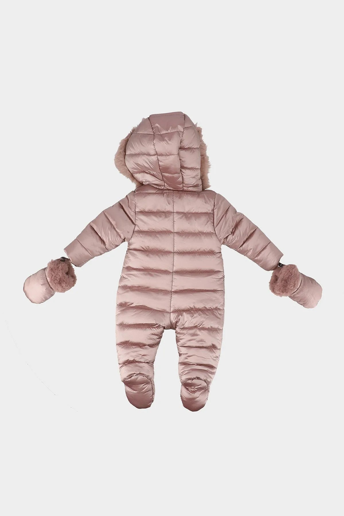 Back view of hooded padded baby snowsuit with faux-fur trim, dusty pink