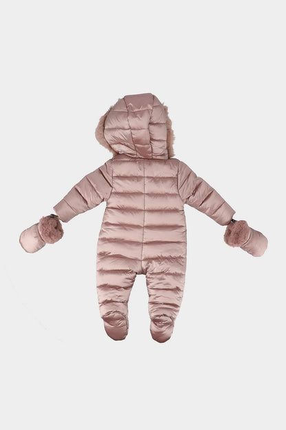 Back view of hooded padded baby snowsuit with faux-fur trim, dusty pink